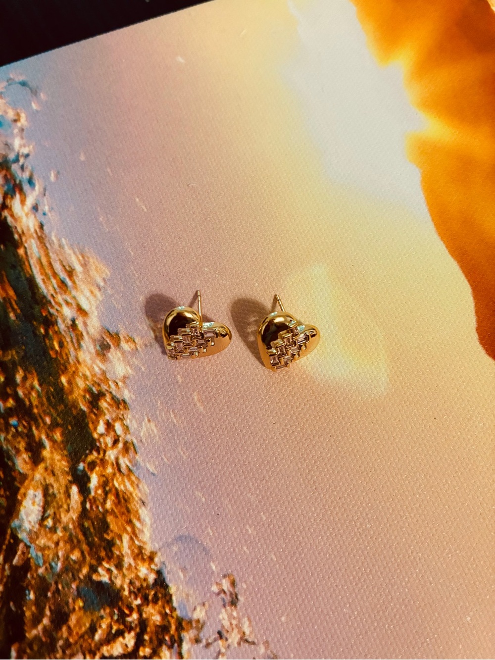 Gold Heart Stud Earrings with Pavé Accent - Women Jewelry